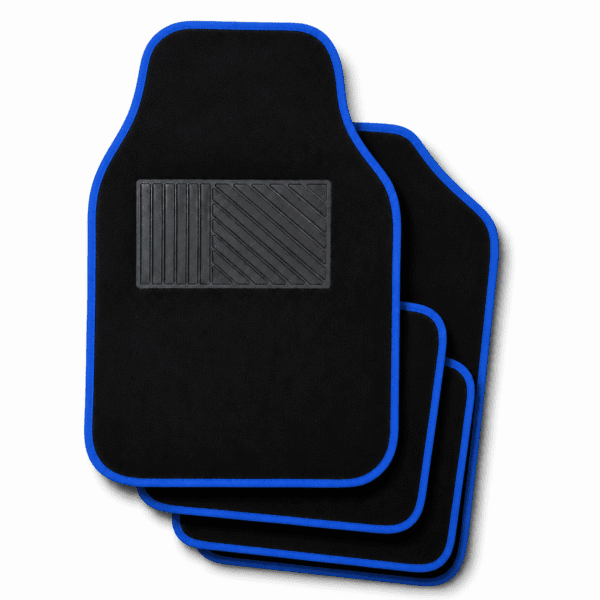 Set 4 Tappeti In Moquette Per Auto Tappetini Universali Bordo Blu Con Battitacco