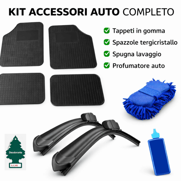 Kit Auto Completo Tappeti Gomma Universali Spazzole Tergicristallo Profumo