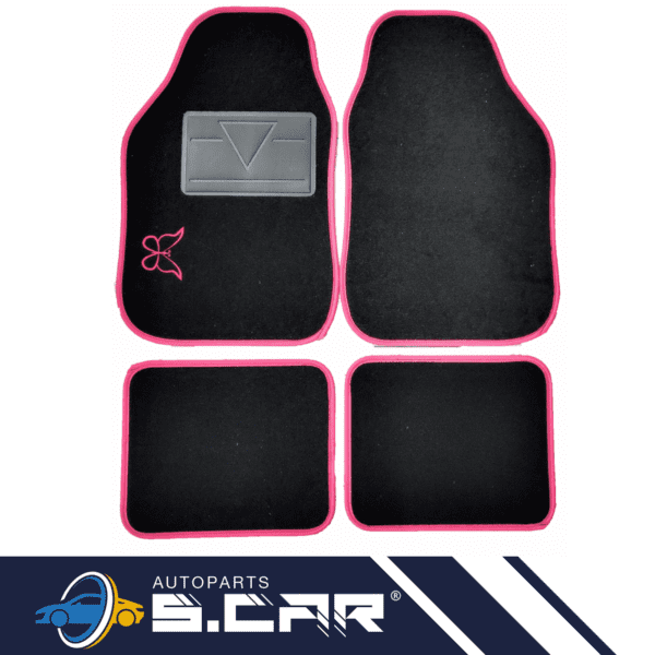 Set 4 Tappeti In Moquette Per Auto Universali Bordo Rosa Ricamo Farfalla