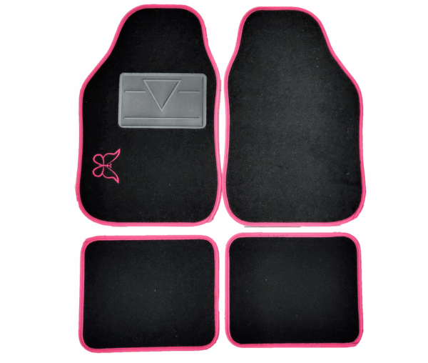 Set 4 Tappeti In Moquette Per Auto Universali Bordo Rosa Ricamo Farfalla